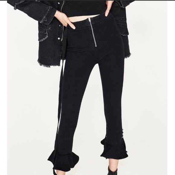 Zara black denim mini flair jeans with metal rings at the bottom - Picture 2 of 10